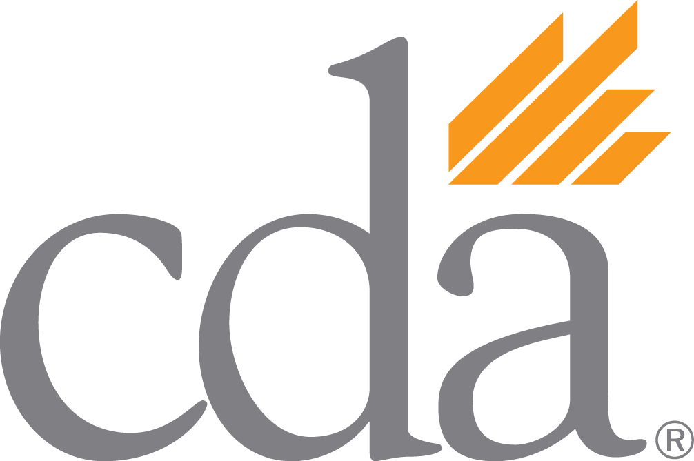 California Dental Association (CDA) Logo - Volterra Dental Comprehensive and Aesthetic Dentistry Gray “cda” text with three orange diagonal bars above the “d.” - Volterra Dental Comprehensive and Aesthetic Dentistry