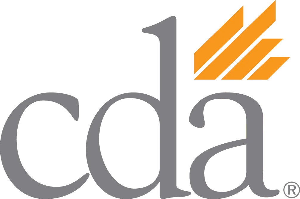 California Dental Association (CDA) Logo - Volterra Dental Comprehensive and Aesthetic Dentistry Gray “cda” text with three orange diagonal bars above the “d.” - Volterra Dental Comprehensive and Aesthetic Dentistry